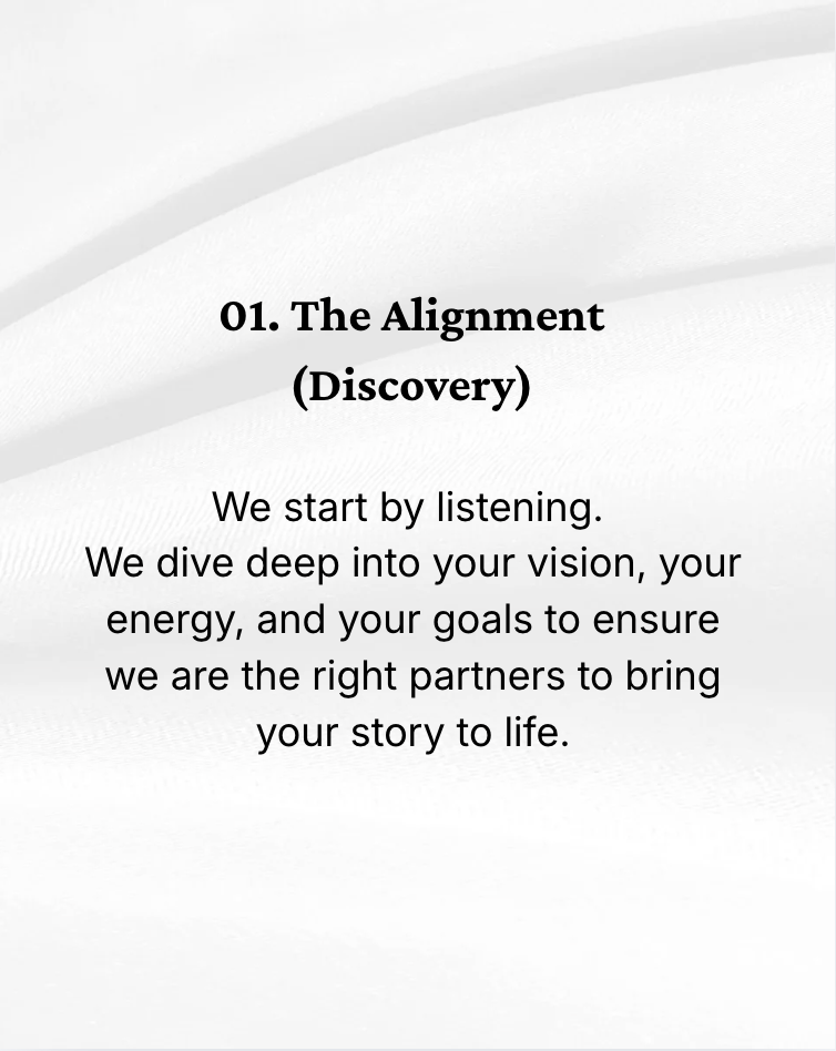 Page titled '01. The Alignment (Discovery)' with text about listening, diving deep into vision, energy, and goals to bring a story to life.