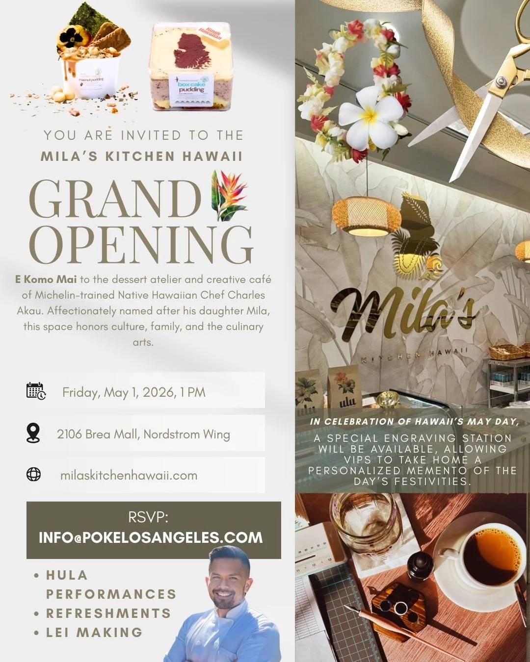 Invitation for Mila's Kitchen Hawaii grand opening event featuring food items, floral decor, and interior design elements.