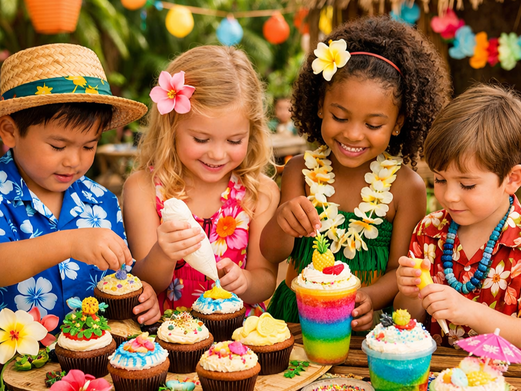 Four children celebrating a tropical or Hawaiian-themed party, decorating cupcakes and enjoying colorful drinks, with festive decorations and flowers around them.