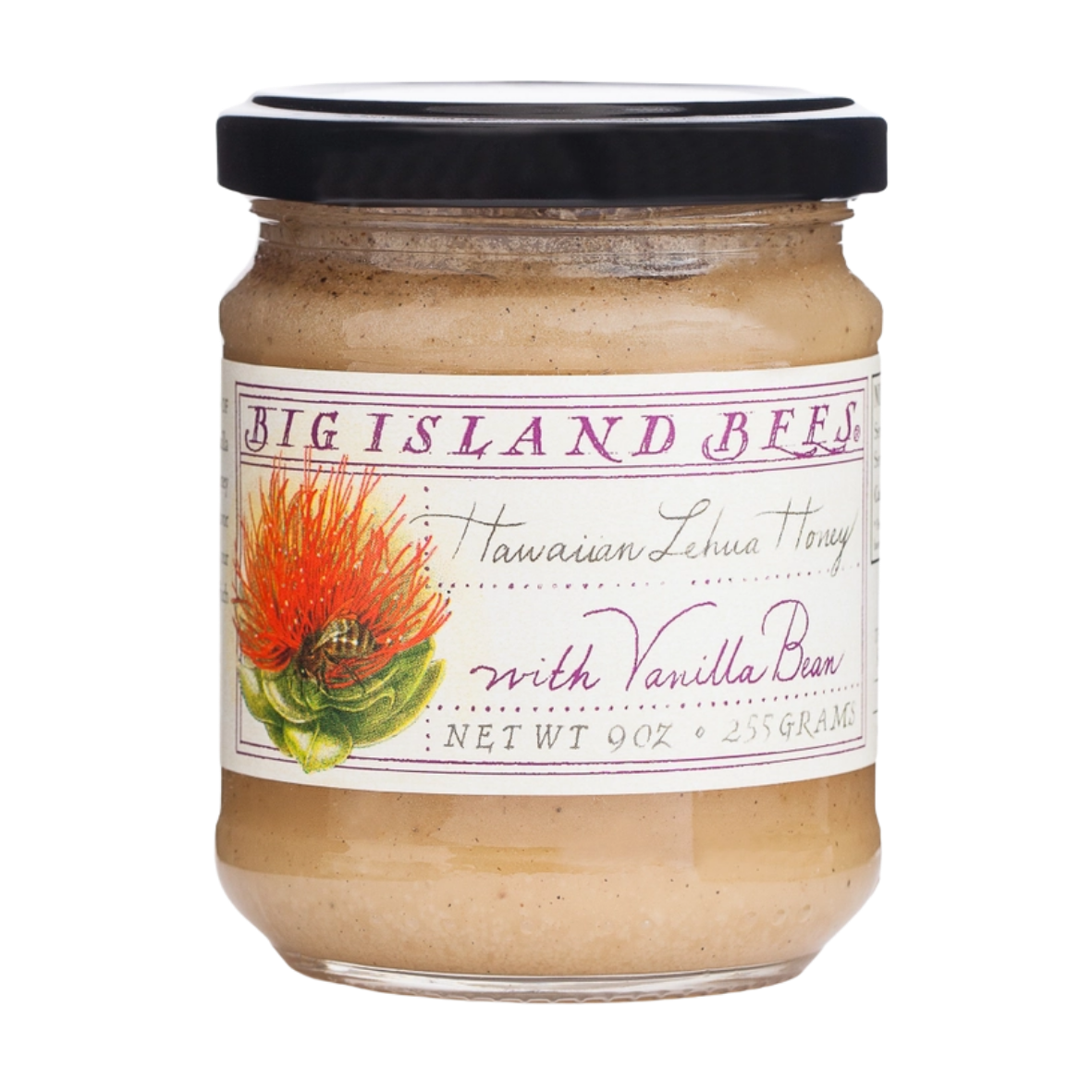 A jar of Big Island Bees Hawaiian Lehua Honey with Vanilla Bean, featuring a label with a colorful illustration of a honeybee on a Lehua flower
