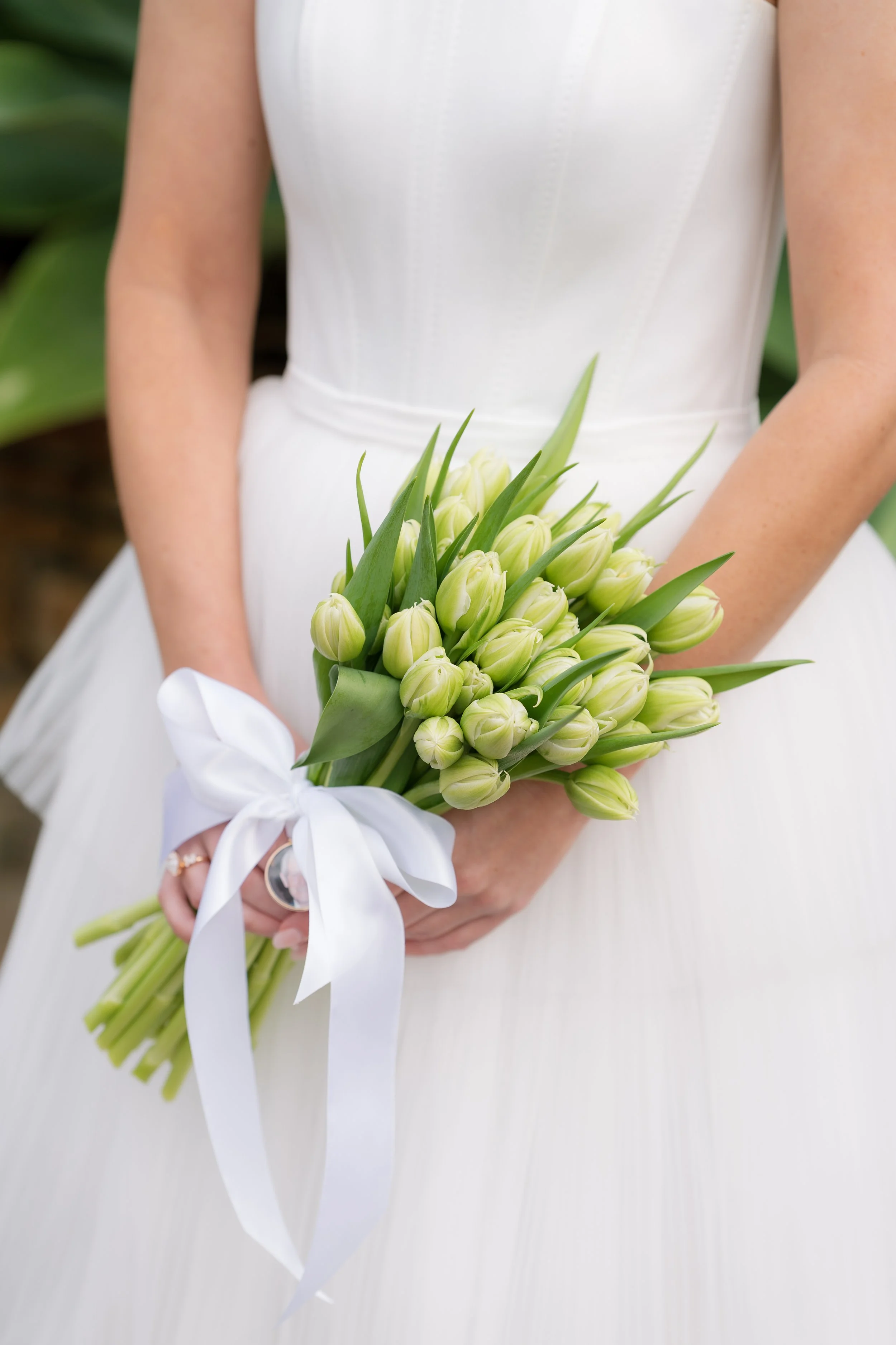 A bride in a white dress holding a bouquet of cream-colored tulips tied with a white ribbon.