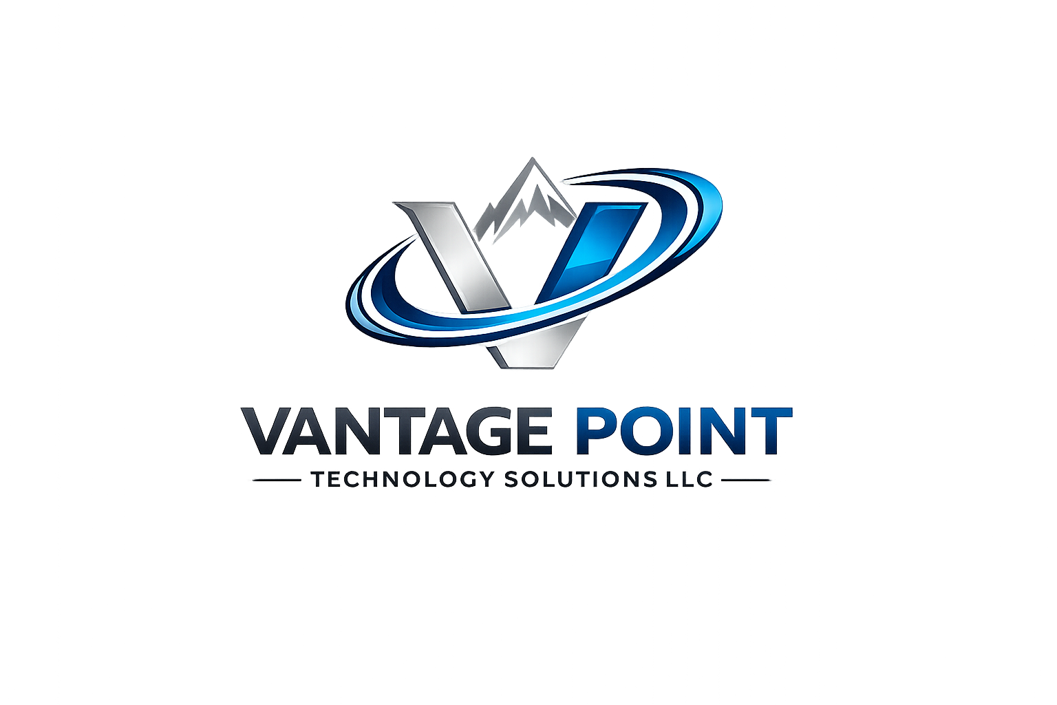 Vantage Point Technologies LLC logo featuring a stylized silver and blue 'V' with a circular orbit design, and the company name in bold black and blue text.