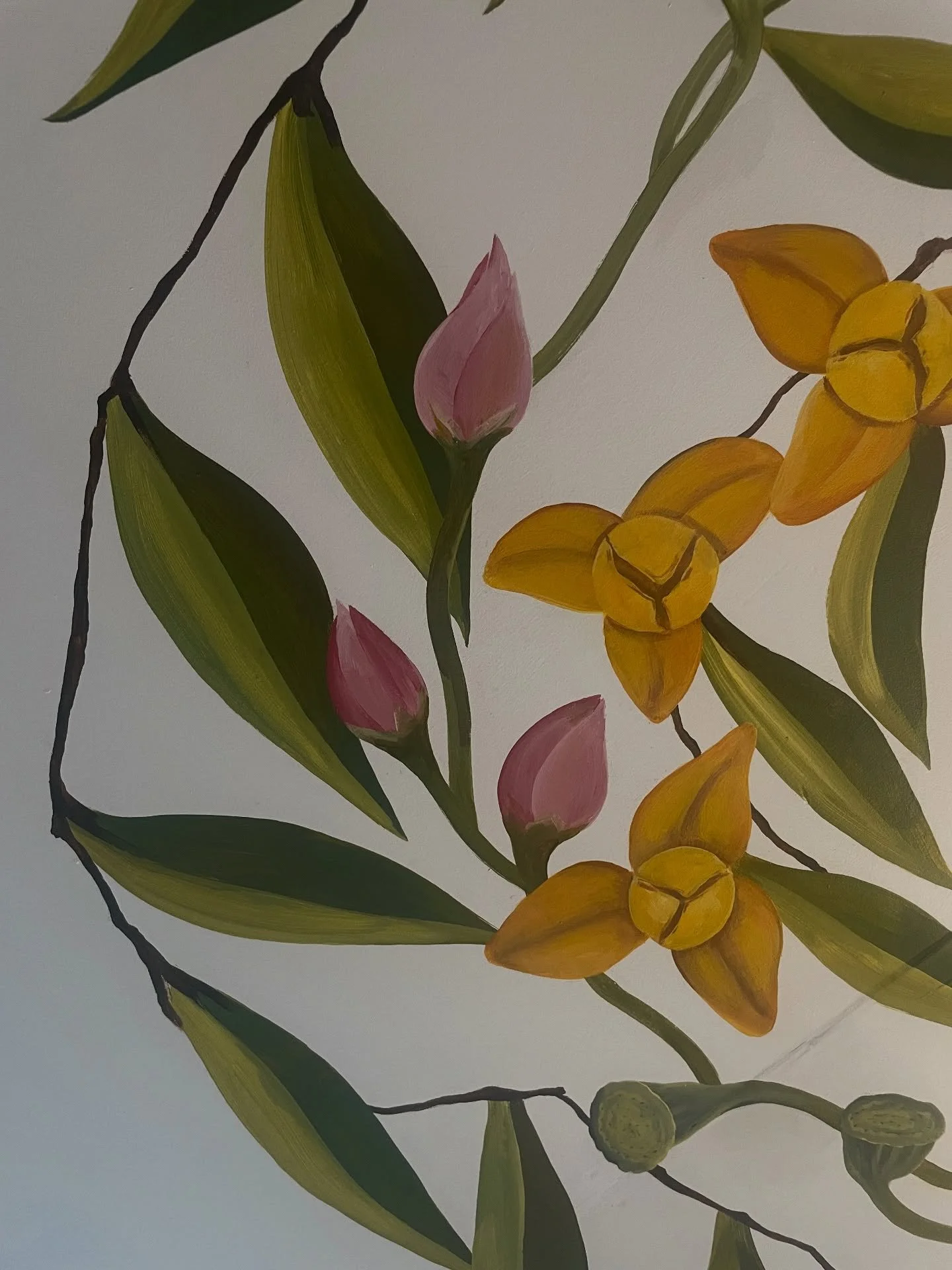 When you book your next massage at @inspirebeautybrighton you&rsquo;ll have something new to look at! 💖🌸

A leafy frame around the light fixture, comprised of Cambodian lotus and rumduol flowers. I kept the brush strokes loose and organic for a mor