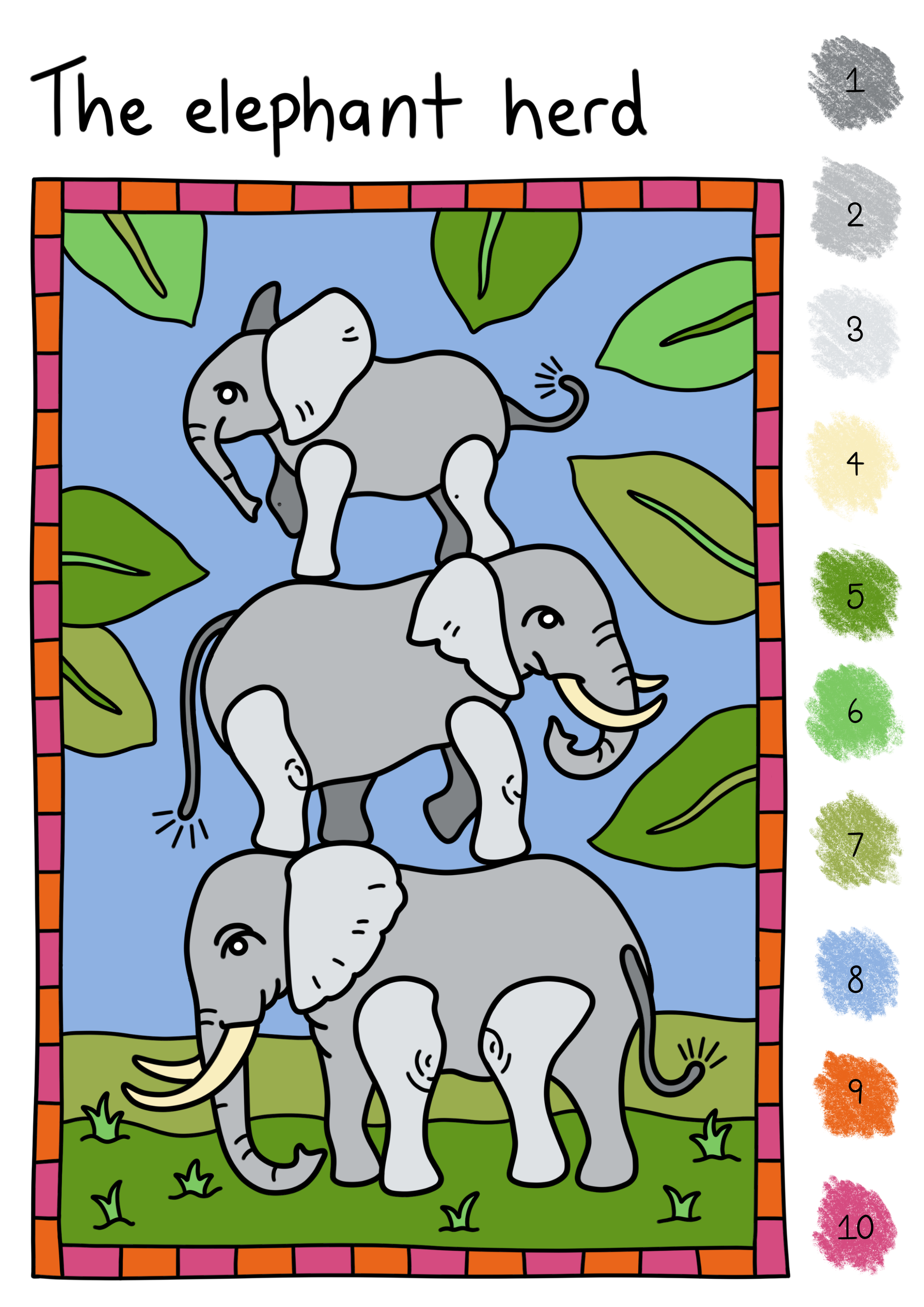 Children's 'colour by number' commission, digital illustration. Brief: Set of 3 simple colouring pages for primary school aged children.
