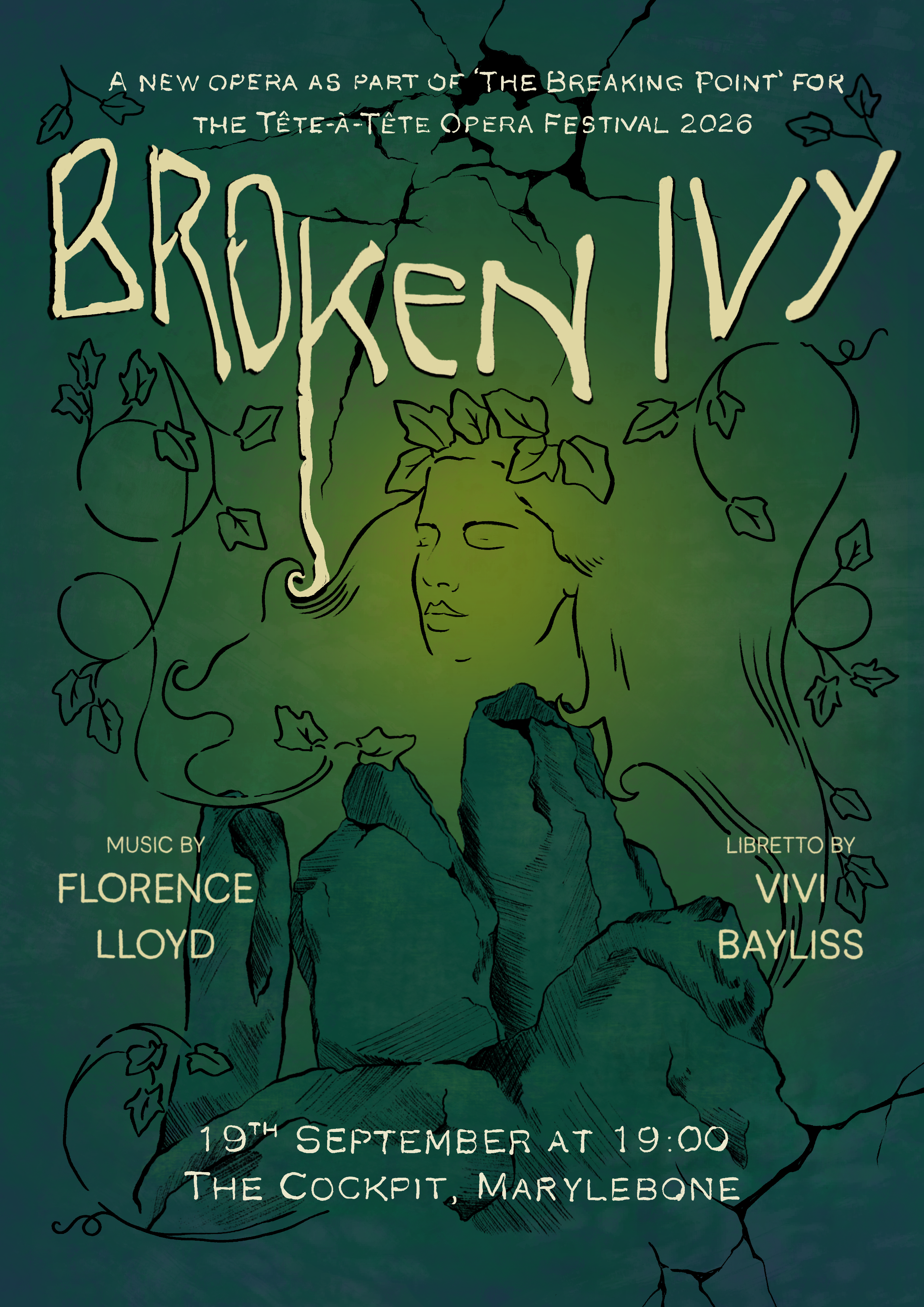 Poster commission, digital illustration. Brief: Organic, whimsical vibe, with crumbling stone, ivy and a queen of nature who turns men to stone.