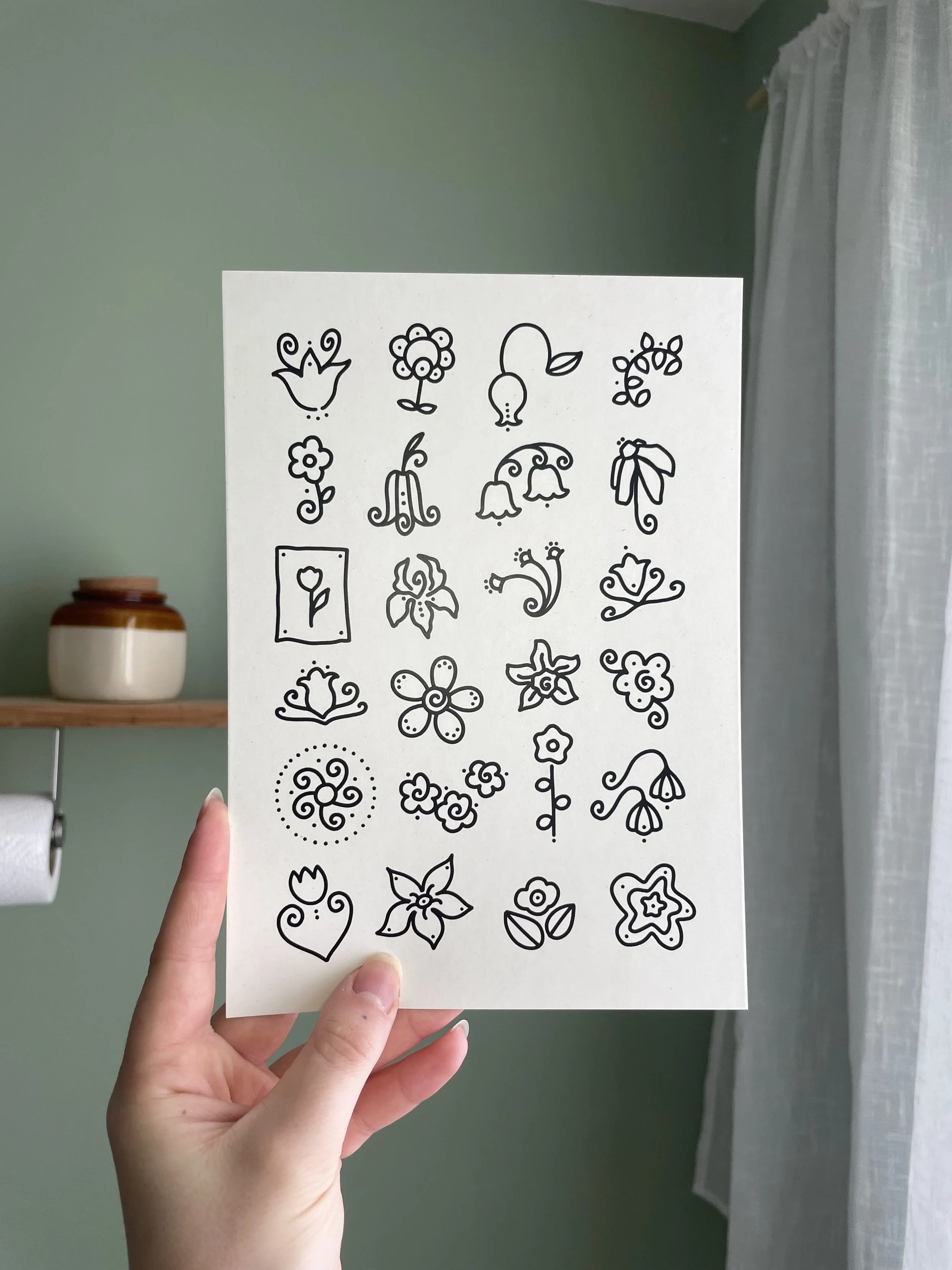 Floral tattoo flash sheet print. A5, recycled 300gsm paper. £10