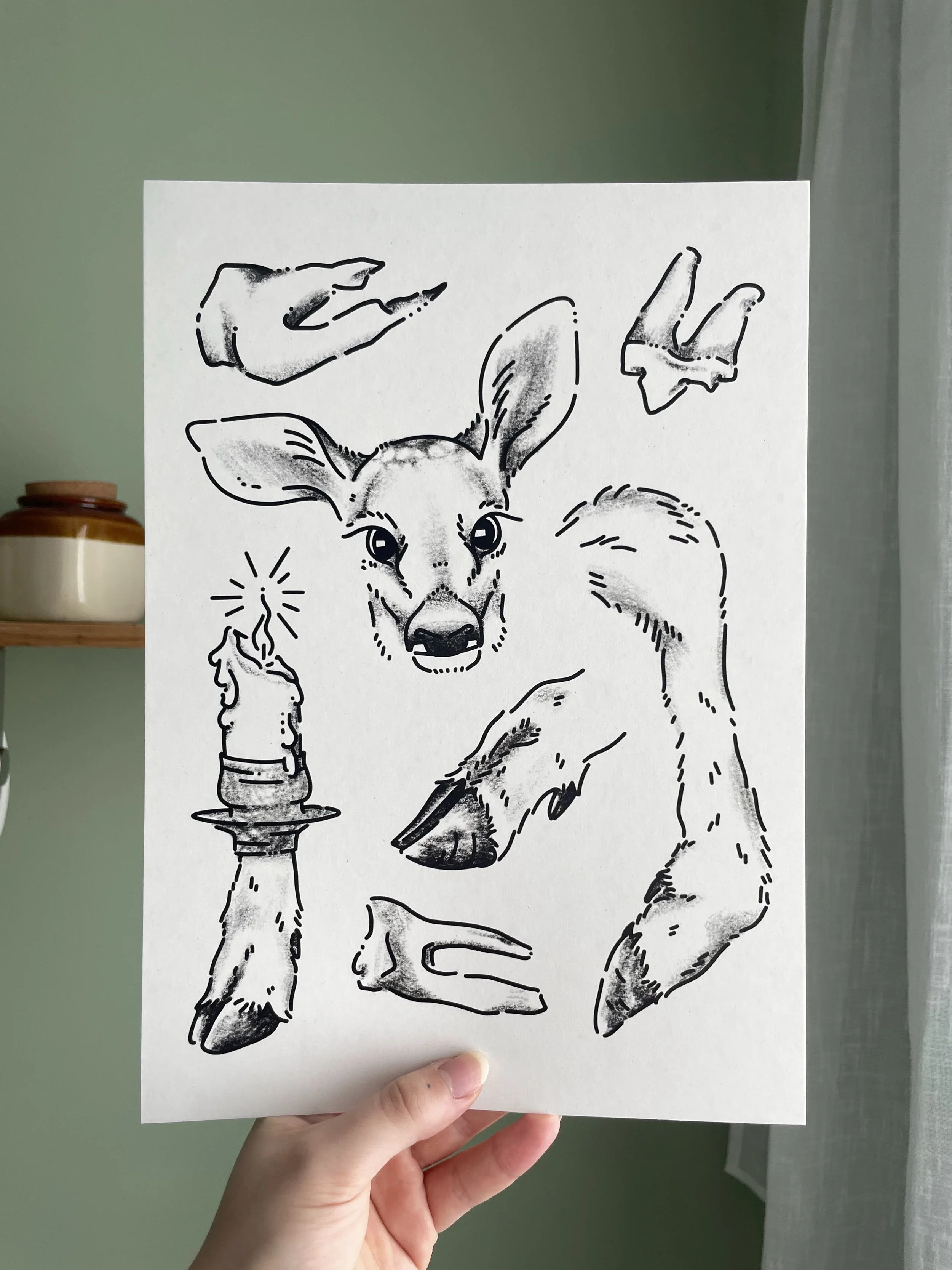 Deer taxidermy flash sheet print. A4. recycled 300gsm paper. £15