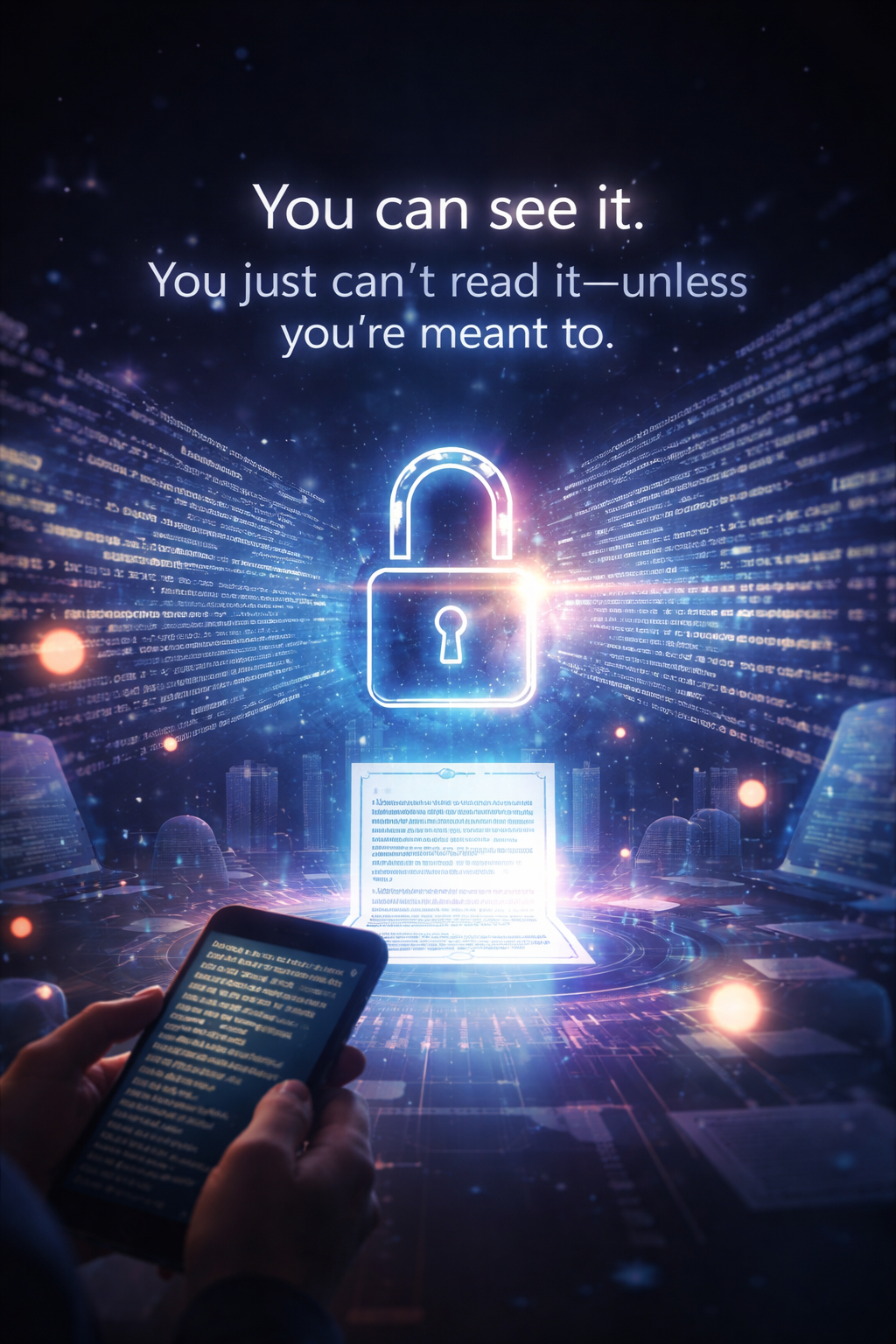 A person holding a smartphone in front of a digitally created background with a glowing lock symbol, binary code, and a laptop, with the text 'You can see it. You just can't read it—unless you're meant to.'