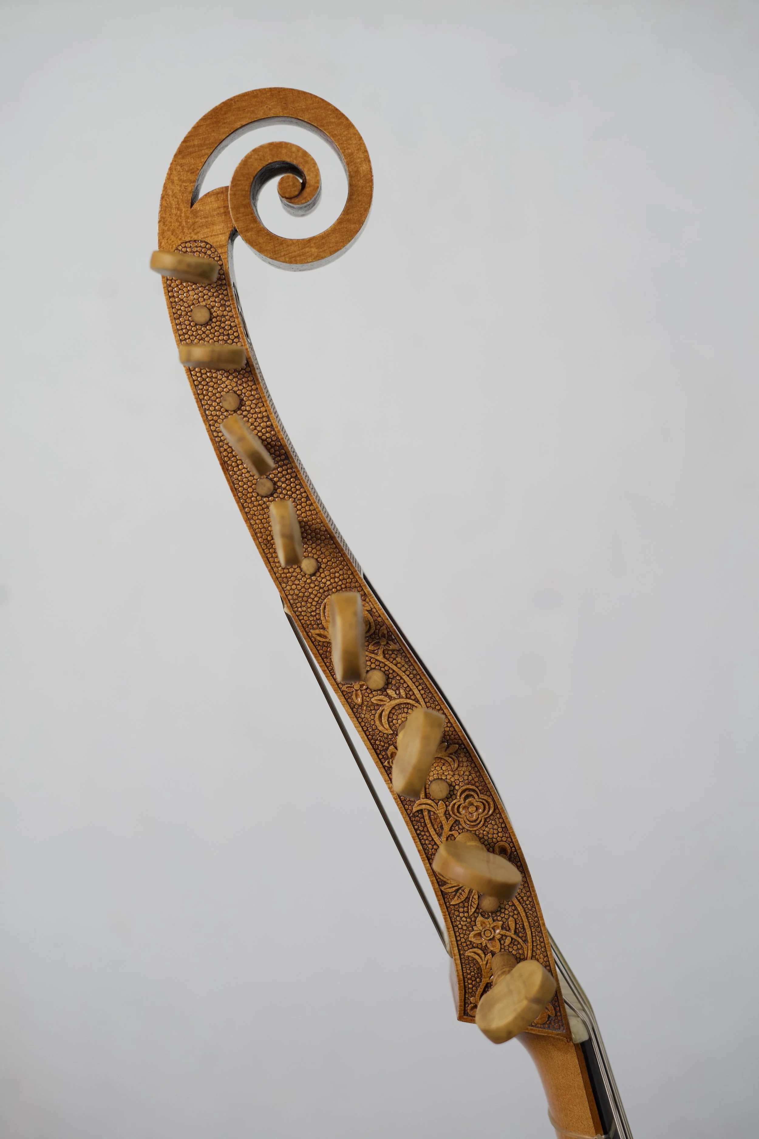 Close-up showing bass side of scroll and displaying incised carving