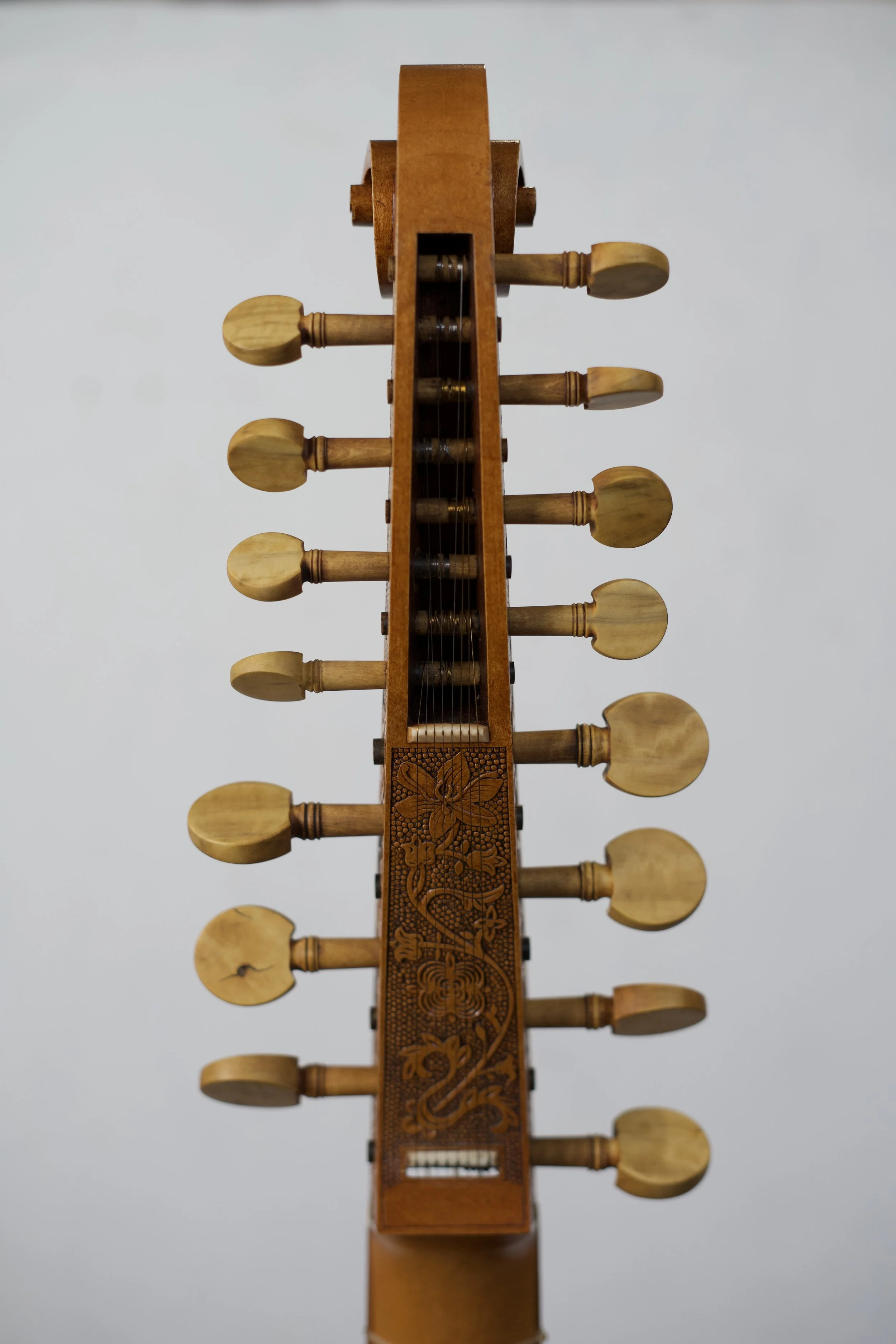 Rear view of pegbox showing all 15 pegs and incised carving