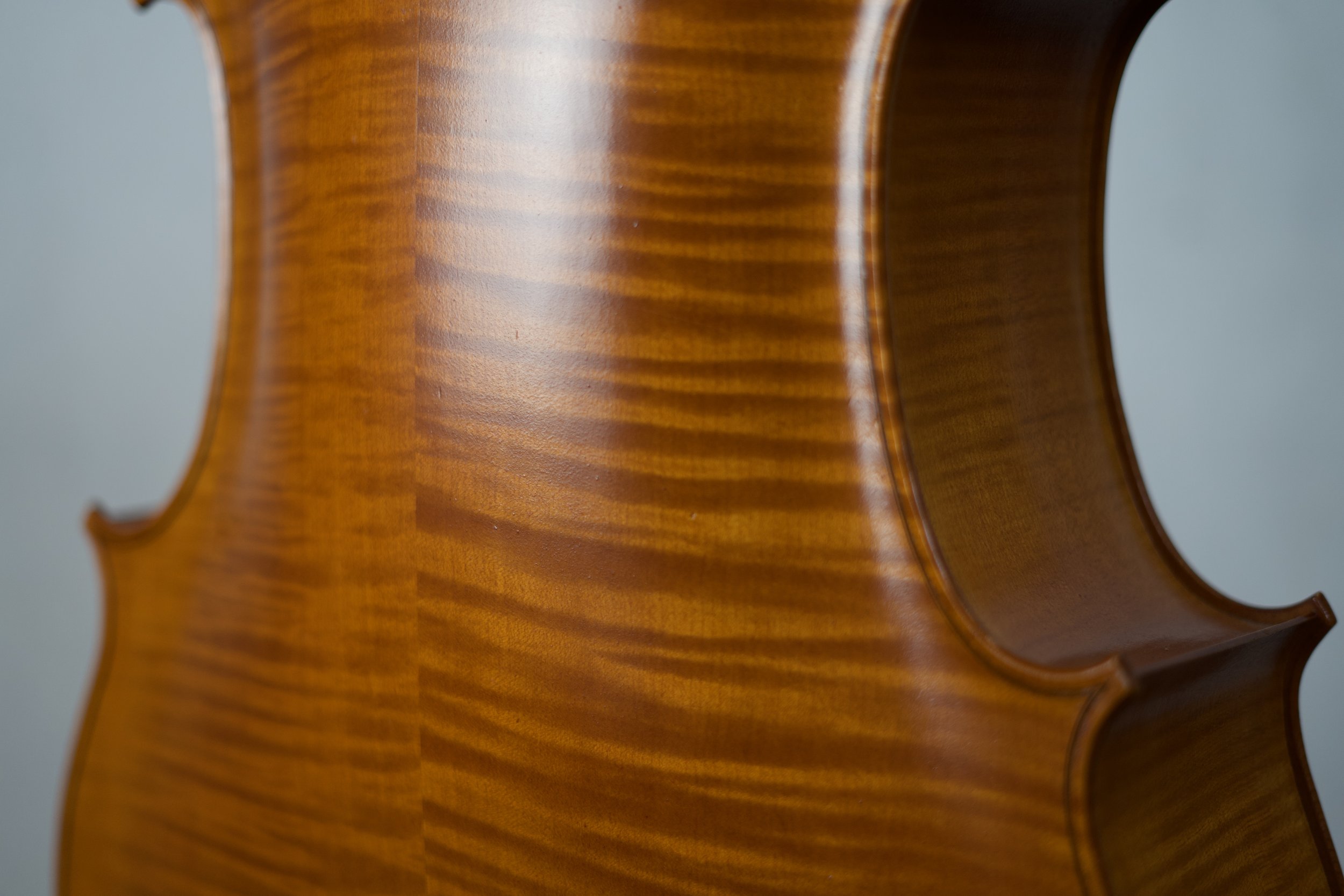 Close-up of a polished wooden string instrument, likely a violin or cello, showing its curved body and wood grain.