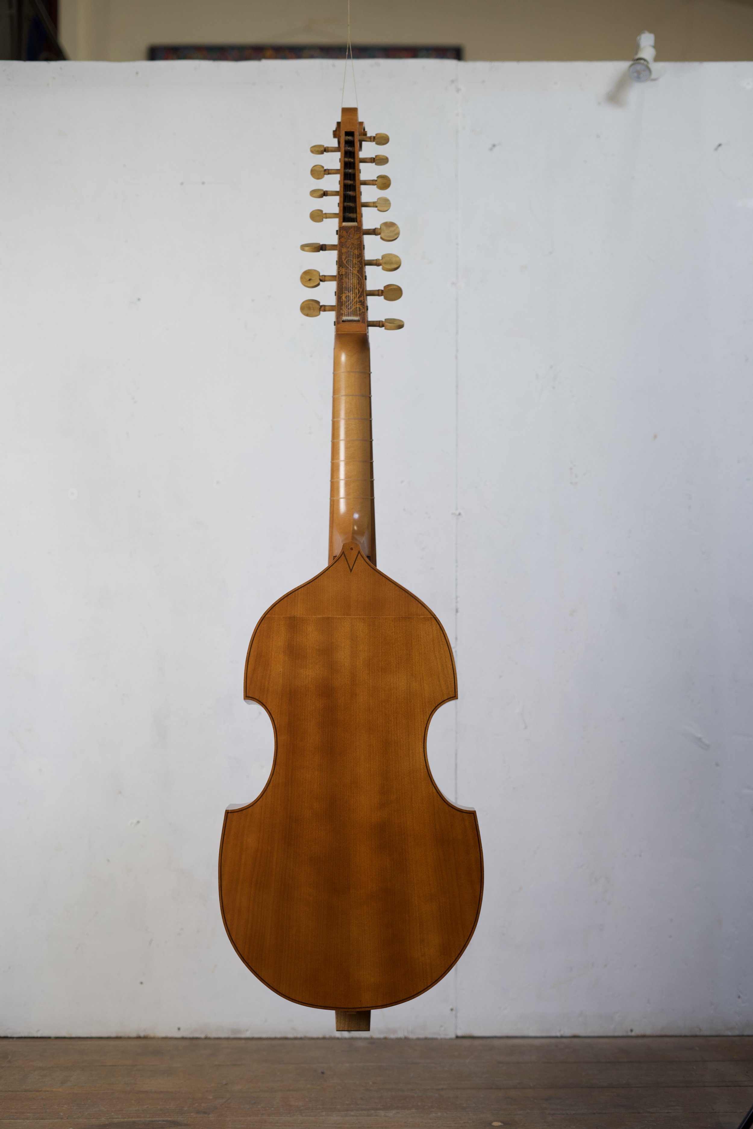 Back view of 7 string bass viol showing full length of instrument