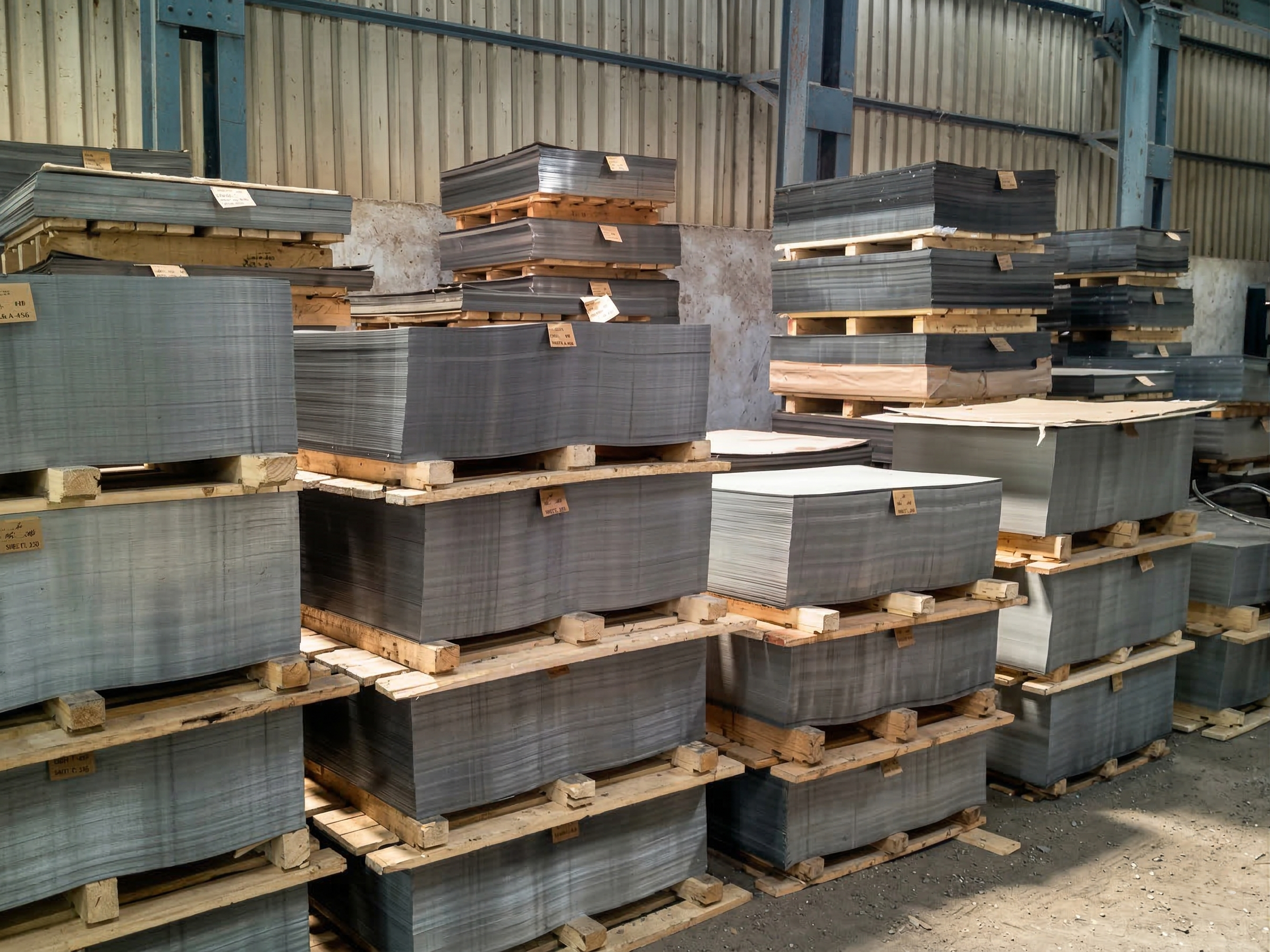 Stacks of large black slabs or stones on wooden pallets inside a warehouse with metal walls and ceiling.