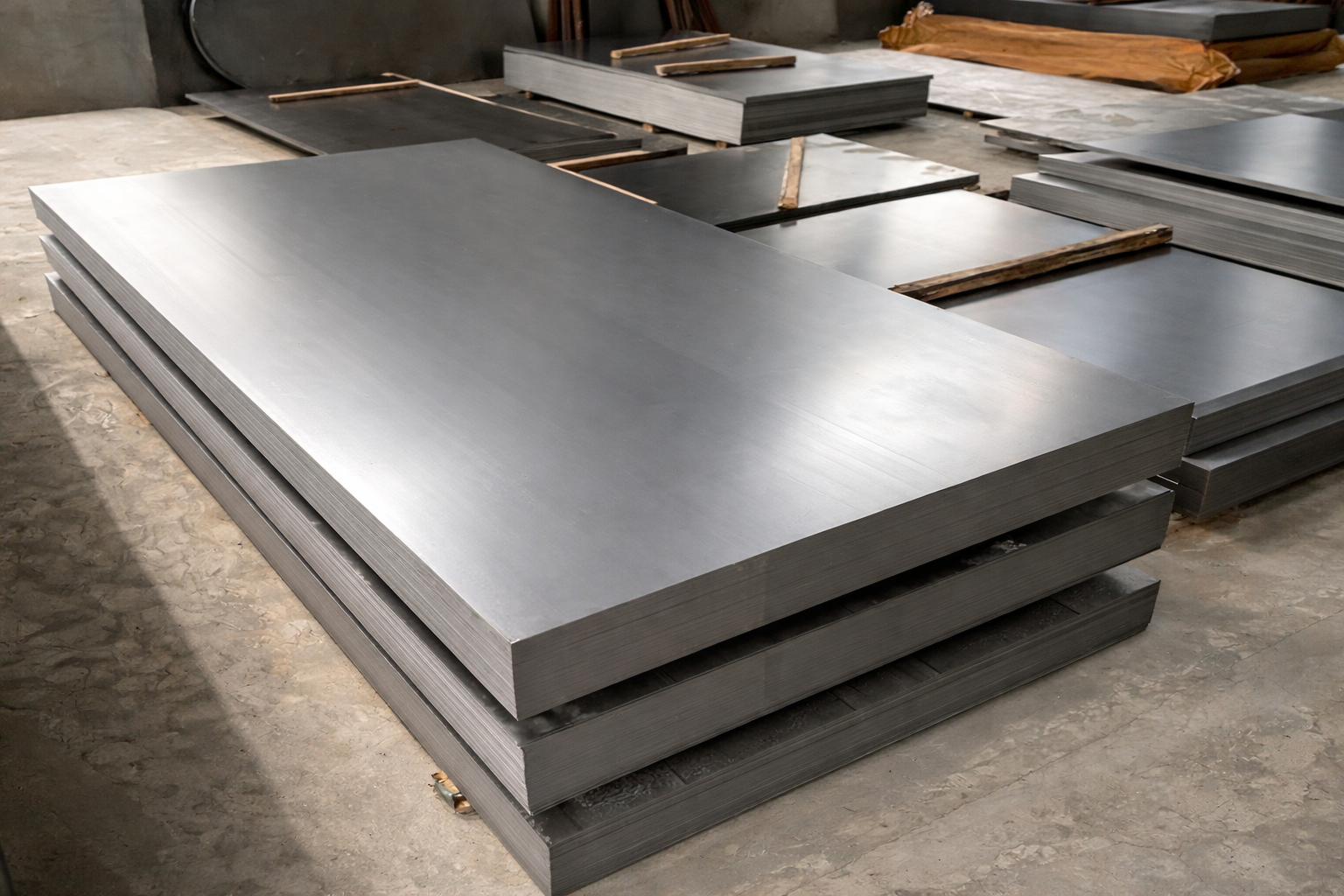 Stacks of large, flat, metal sheets in a warehouse or production facility.