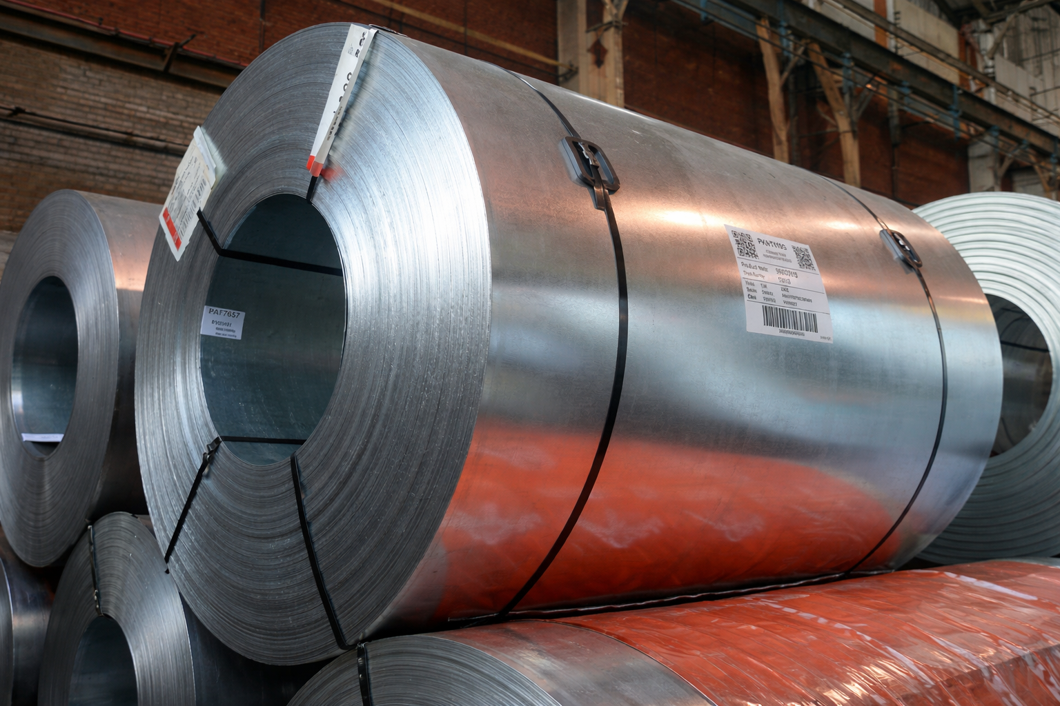 Coiled metal sheets stacked in a warehouse with labels and barcode tags.