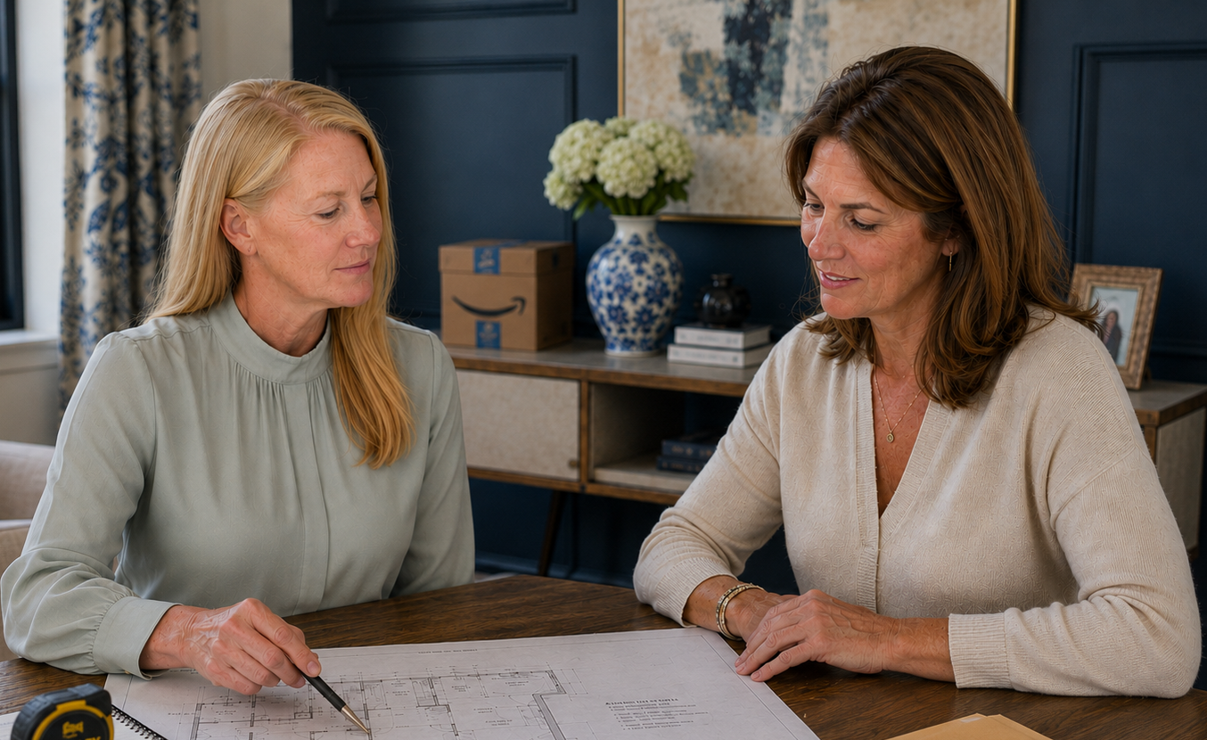 Teresa Petersen and Joanna, two women sitting at a table with a blueprint, discussing plans in a room with a dark blue wall, a vase with white flowers, and framed artwork.