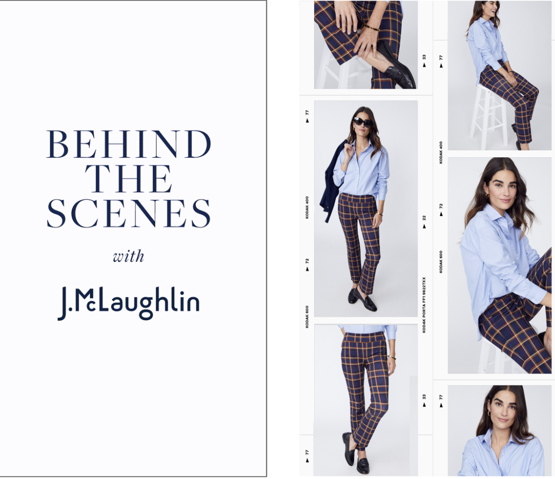 A graphic with the text 'Behind the Scenes with J.M. Laughlin' on the left, and on the right, a collage of fashion photos showing a woman wearing a light blue shirt and plaid pants, sitting on a stool, walking, and posing.
