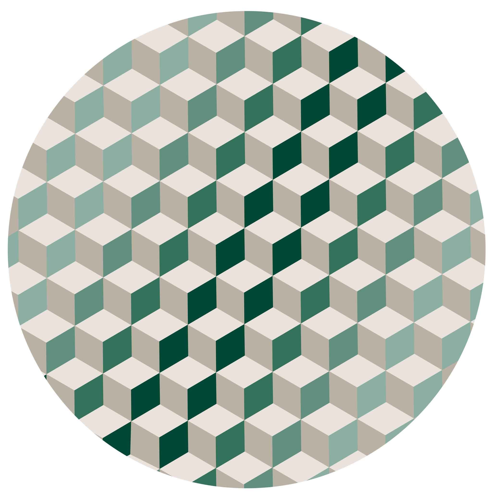 A circular pattern of 3D cubes in shades of teal, beige, and white, creating a geometric optical illusion.