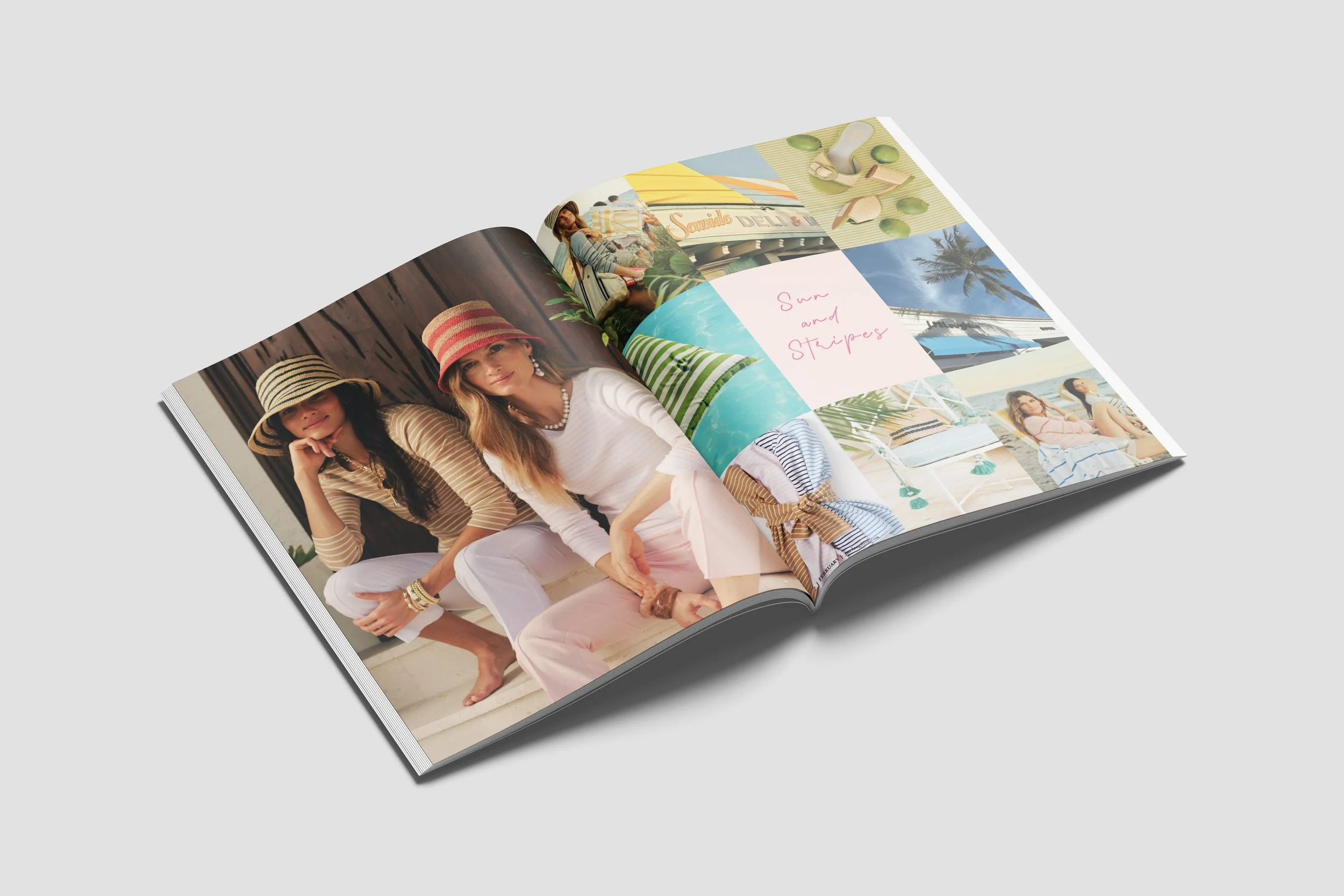 Open magazine featuring photos of women in summer outfits at the beach with the text "Sun and Stripes."