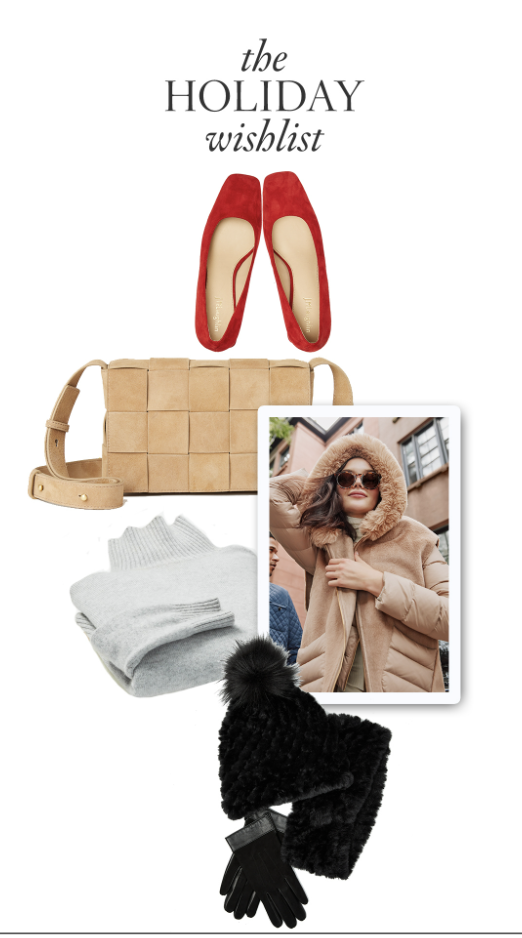 Red high heel shoes, beige handbag, folded gray sweater, black fur hat, black gloves, winter city street scene with woman wearing beige parka with fur-lined hood, sunglasses.