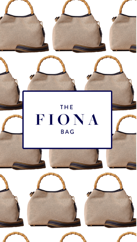 Multiple beige handbags with bamboo handles and striped straps, arranged in a grid pattern behind a white sign that reads 'The Fiona Bag' in navy blue text.