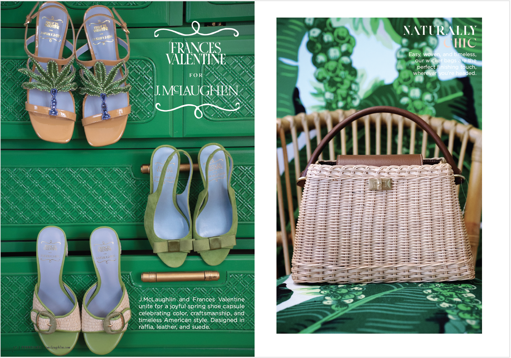 Display of colorful spring shoes including sandals and heels, with a wicker handbag on a green patterned background, promoting a collaboration between Frances Valentine and J.McLaughlin with natural chic styling.