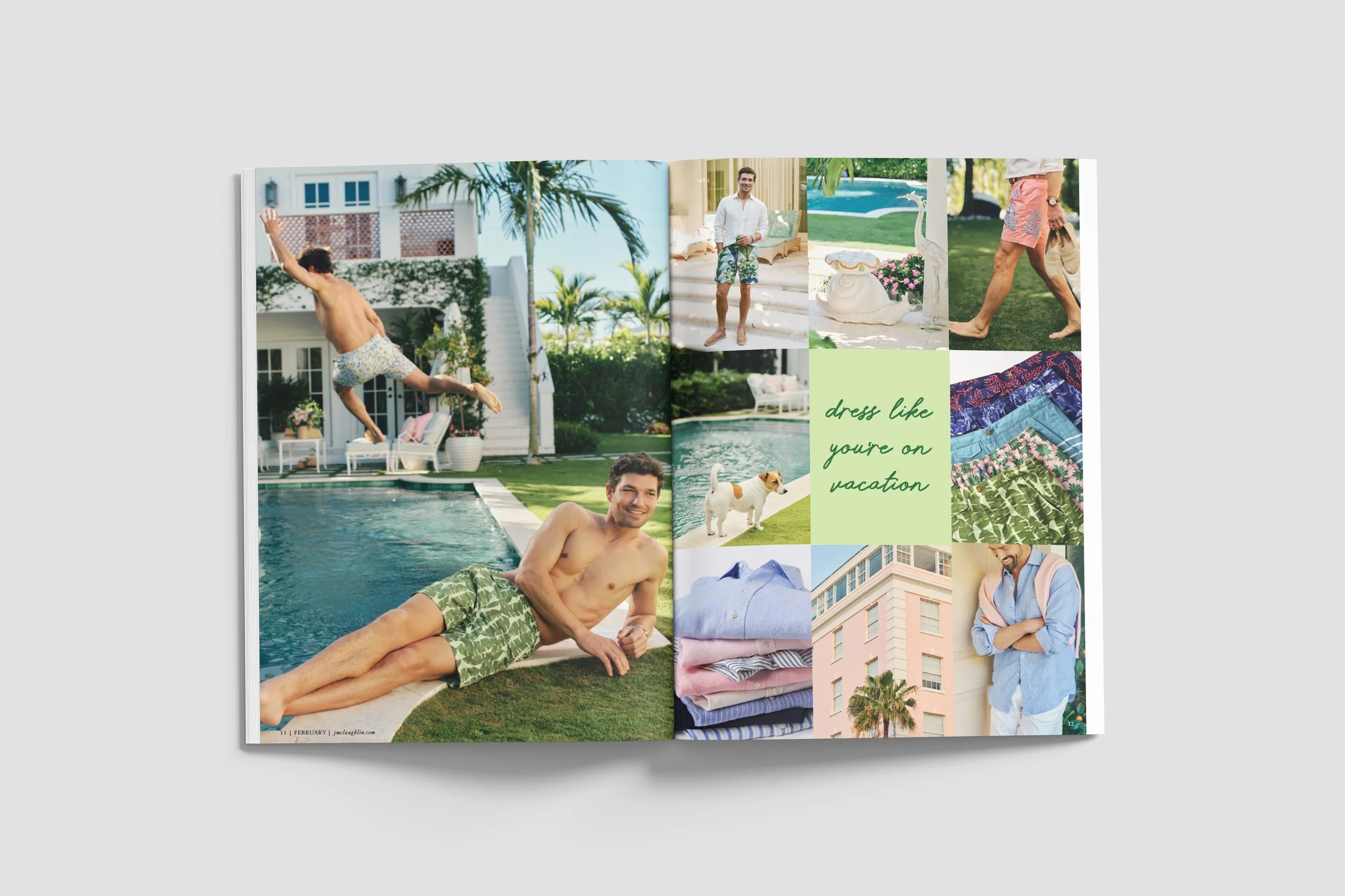 A magazine spread featuring people at a poolside setting with tropical landscaping. One man lounges by the pool in swim trunks, another jumps into the pool, and a third stands on stairs in shorts and a shirt. There are also images of fabrics, a pet d