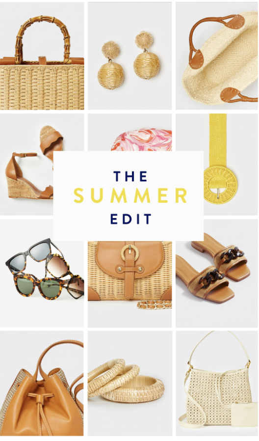 Collage of summer fashion accessories including wicker handbags, earrings, sandals, sunglasses, jewelry, and a printed scarf with text "The Summer Edit" in the center.