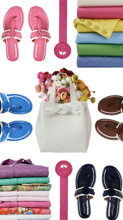 A collection of colorful women's sandals, folded shirts, satin ribbons, a white handbag with flowers, and various clothing items arranged in a flat lay style.