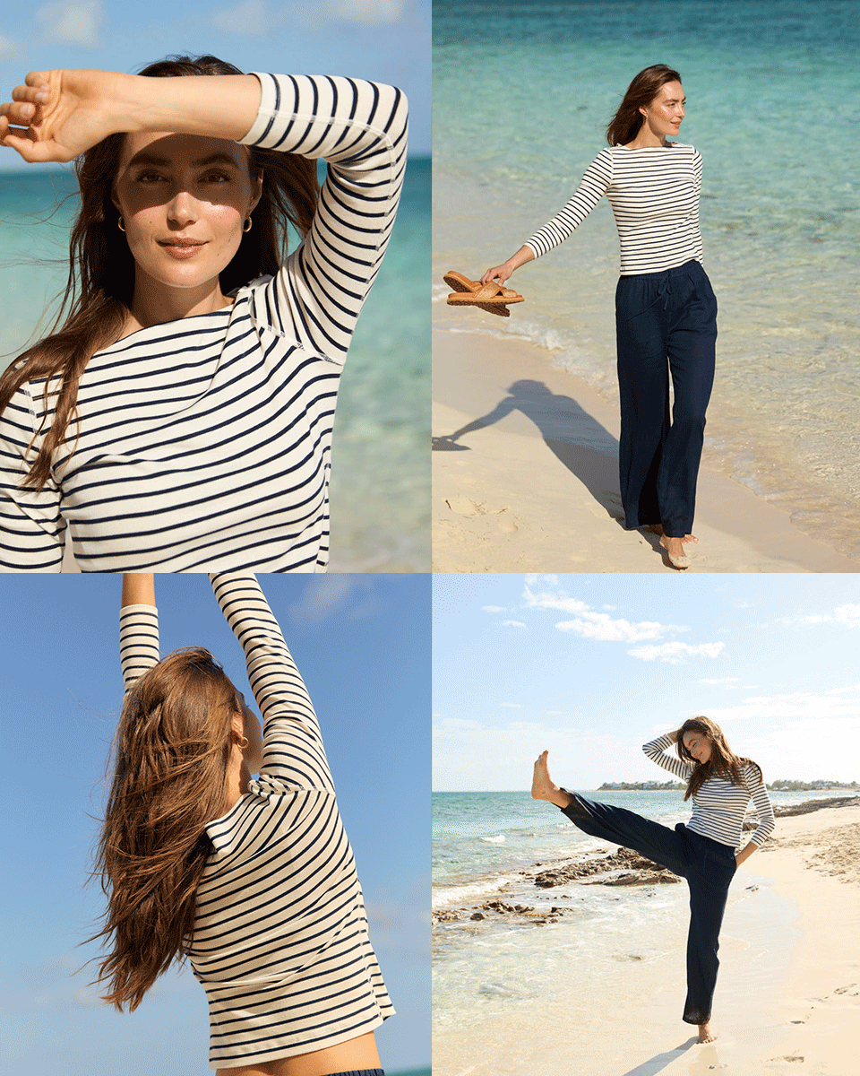 A woman at the beach wearing a striped long-sleeve shirt and dark pants, posing in various relaxed and playful positions near the ocean.
