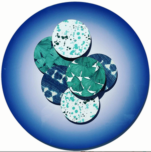 A collection of circular fabric swatches with various teal, blue, and white patterns on a blue gradient background.