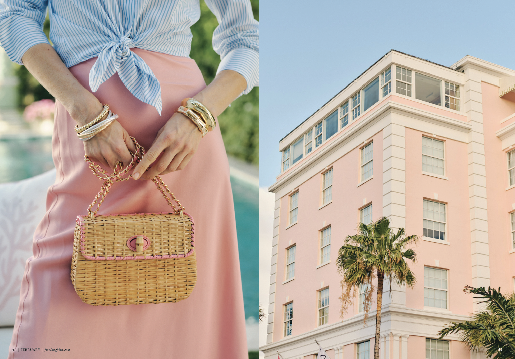 A woman wearing a blue striped shirt tied at the waist and a pink skirt, holding a small wicker purse with a pink trim. The woman has multiple gold bracelets on her wrists. In the background, there is a swimming pool and greenery. Next to this, a pin