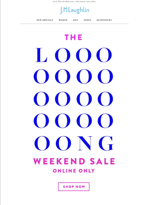 Advertisement for J.C. Loughlin's weekend online sale featuring the phrase 'The Loooooong Weekend Sale' in large blue and pink text, with a 'Shop Now' button at the bottom.