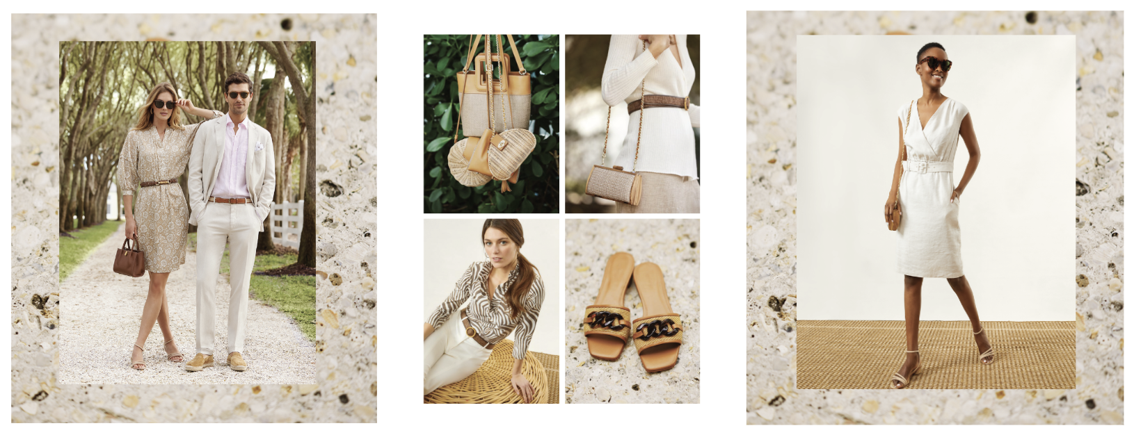 Collage of women's fashion items, including two women in stylish outfits, accessories, and footwear displayed against a sandy background.