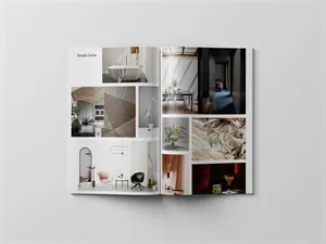 Open magazine displaying interior design photos, including a bathroom, living room, bedroom, and other home decor images.