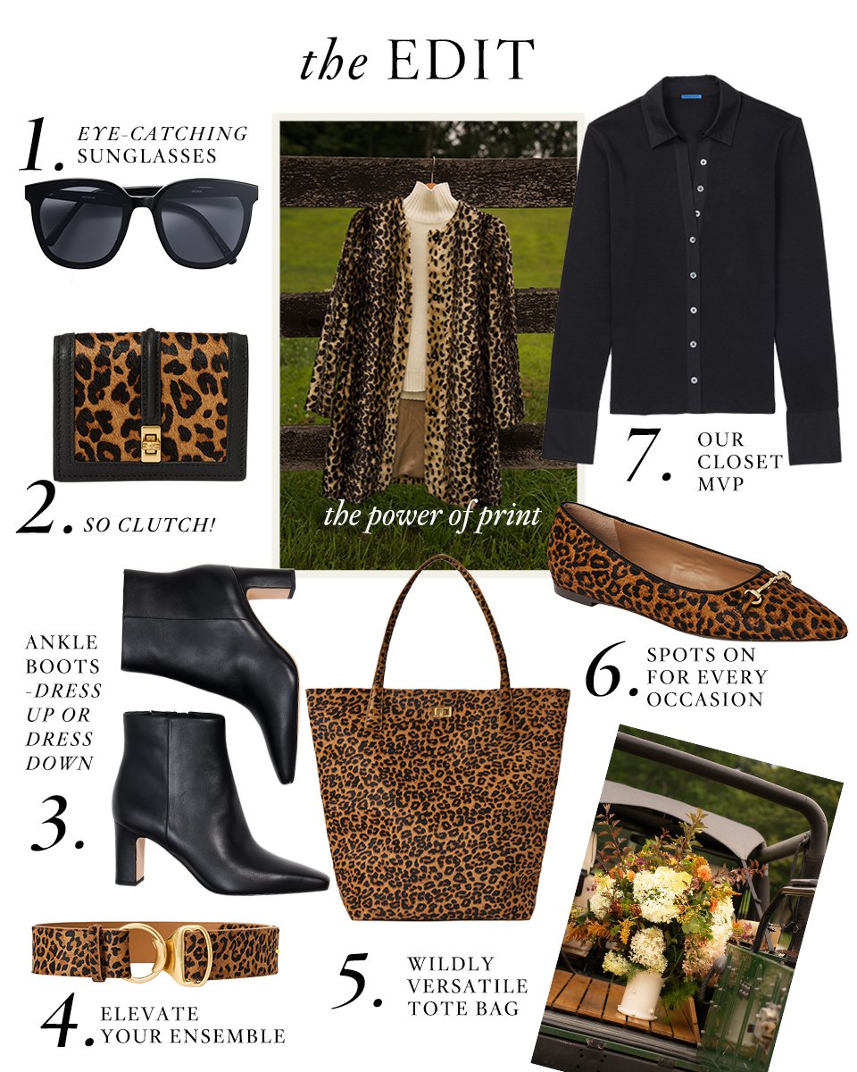 A fashion collage featuring leopard print clothing and accessories including sunglasses, a wallet, flats, an ankle boot, a tote bag, and a belt. The center shows a leopard print coat with a white turtleneck and beige skirt. Included are numbered text