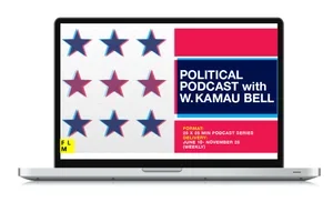 Laptop displaying a cover for the podcast 'Political Podcast with W. Kamau Bell' with an American flag design featuring stars and stripes.