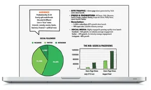 A printed report page with a pie chart and bar graph, including text about website traffic, social media, SEO marketing, and revenue figures.