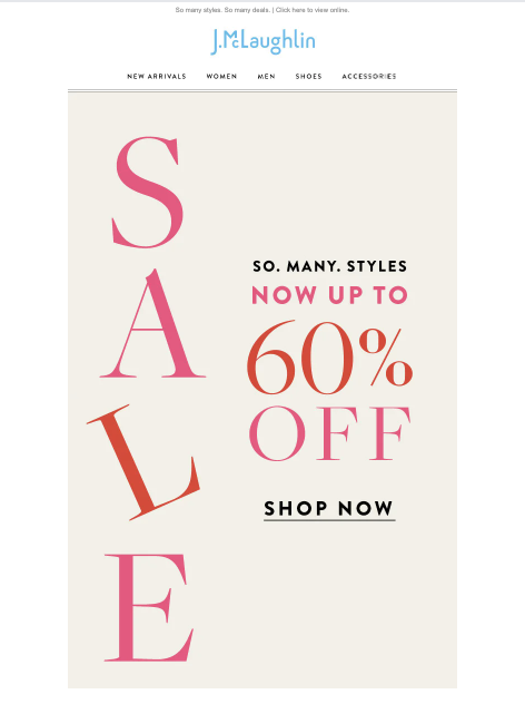 Advertisement for J.C. Laughlin sale with up to 60% off on styles, featuring large pink and red text and a navigation menu at the top.