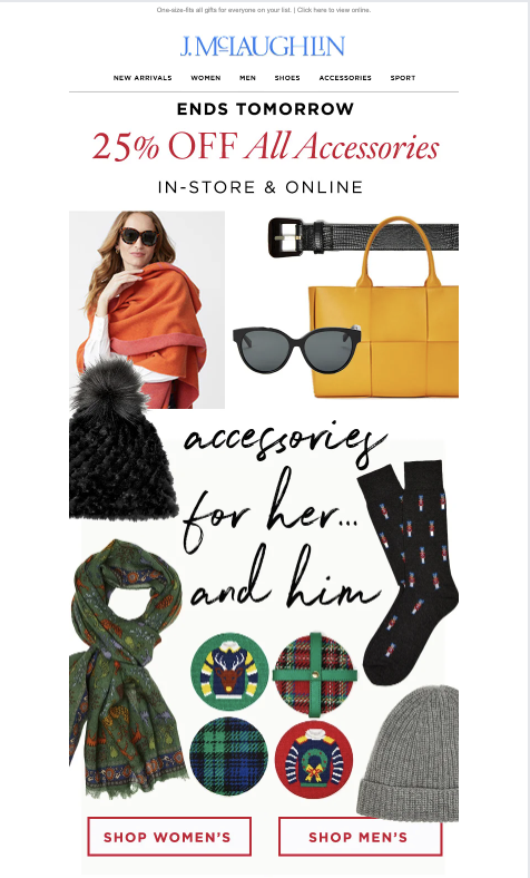 Fashion advertisement for accessories, showing women's and men's items, with a woman wearing sunglasses and a scarf, and various accessories like bags, socks, and hats.
