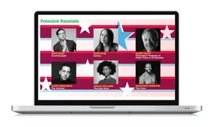 Laptop screen displaying a panel of potential panelists with headshots and names, featuring patriotic red, white, and blue colors and star graphics.