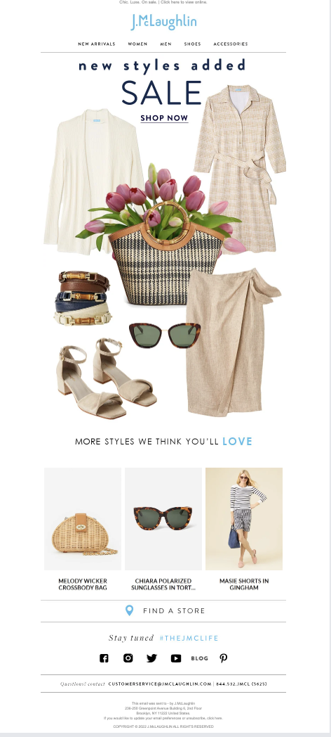 Online fashion store advertisement featuring pastel-colored clothing, accessories, and shoes, with a central bouquet of pink tulips and a basket, promoting new styles and sale.