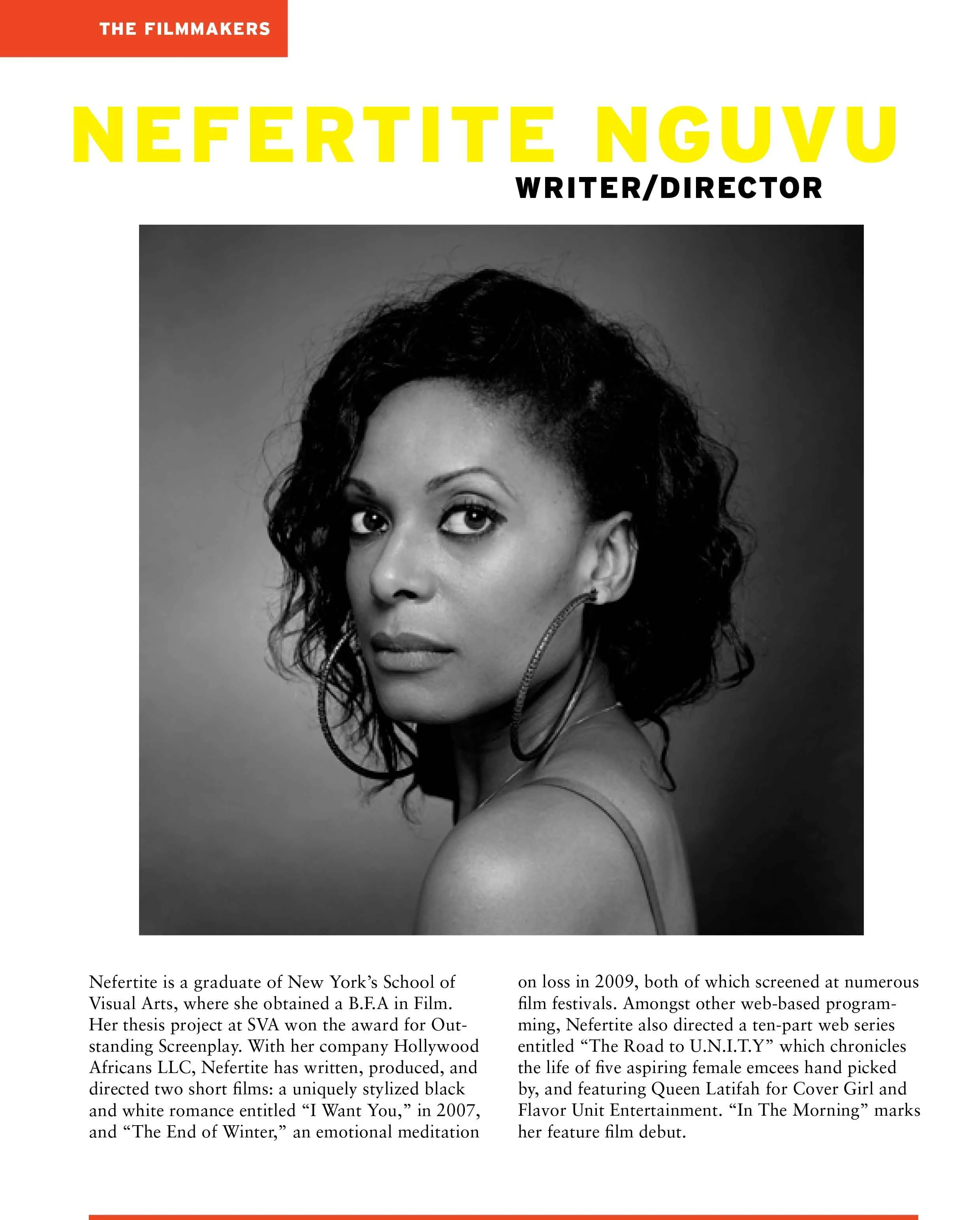 Cover page of a publication featuring Nefertite Nguvu, a woman with wavy black hair, looking at the camera, in black-and-white portrait style. The text mentions her as a filmmaker, writer, and director.