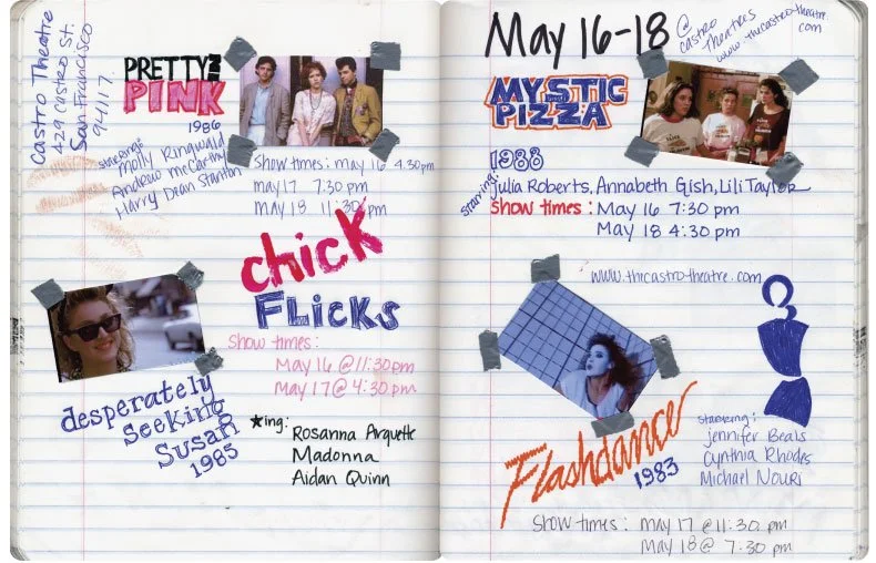 A handwritten notebook page featuring photos of TV shows from the 1980s, including "Pretty in Pink," "Mystic Pizza," "Chick Flicks," and "Flashdance," with showtimes, cast names, and notes written in colorful ink.
