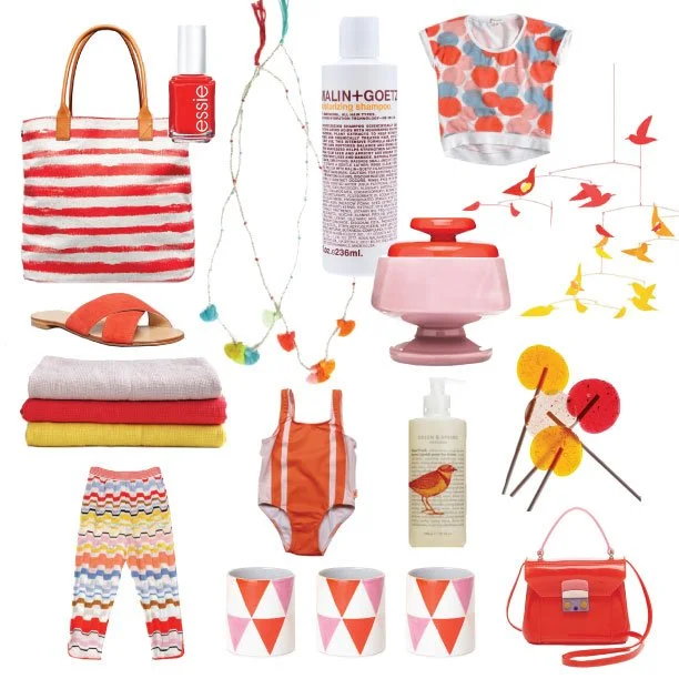 A collection of colorful items including a striped tote bag, nail polish, string lights, a perfume bottle, a patterned baby shirt, a pink jewelry stand, a stack of towels, a striped swimsuit, a pair of patterned pants, a lotion bottle, three patterne
