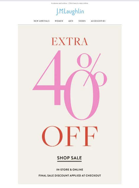 Online advertisement for J.M. Laughlin featuring a sale on extra 40% off, with store categories listed at the top and details about in-store and online discounts.