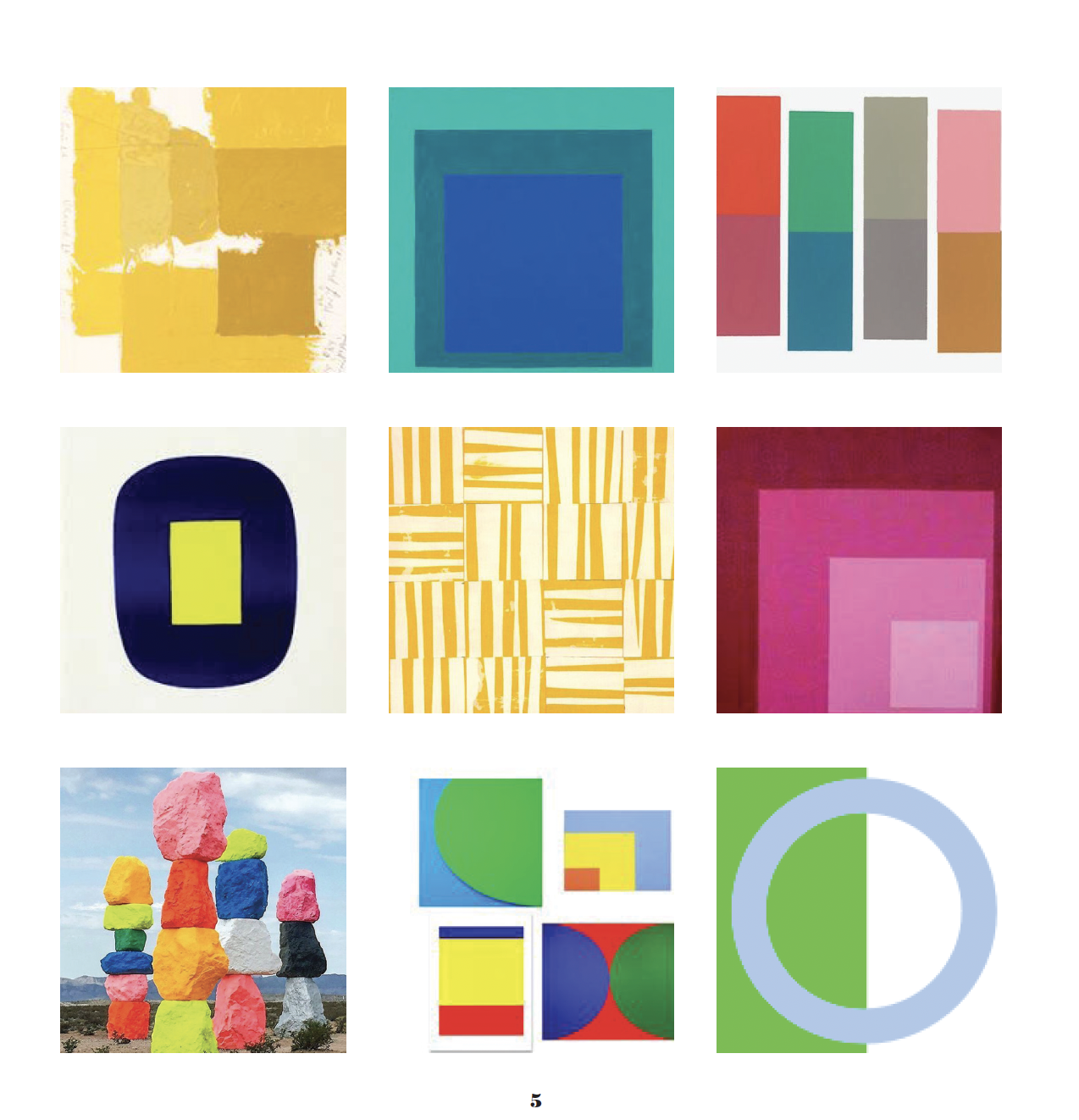 A collage of nine colorful abstract art pieces, including paintings and sculptures with geometric shapes and vibrant colors.