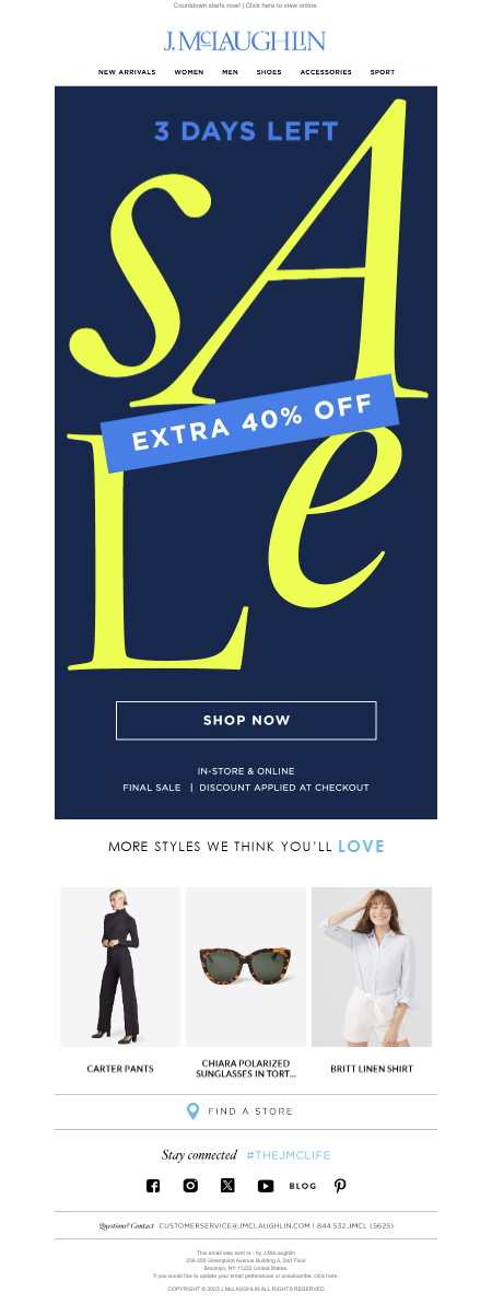 Online sale advertisement for J.M. McLaughlin with three days remaining, offering an extra 40% off on sale items. The ad features a blue background with large yellow text spelling out 'Sale' and a blue banner stating 'Extra 40% Off'. Below are images