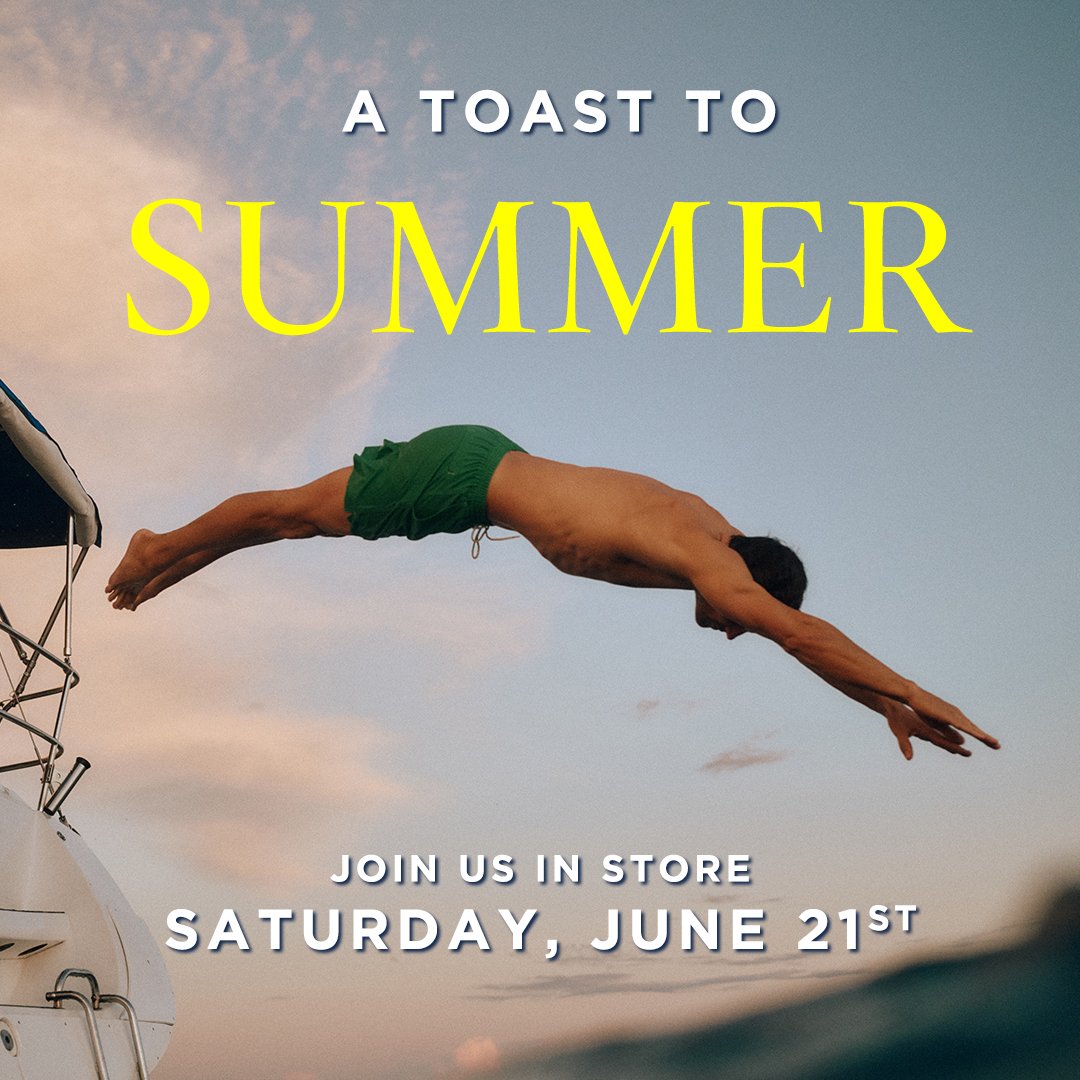 A person diving off a boat into water at sunset with sky and clouds in background, promoting a summer store event on June 21st.