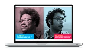 Side-by-side portraits of two men with glasses and curly hair on a laptop screen, with colored labels and text underneath each.
